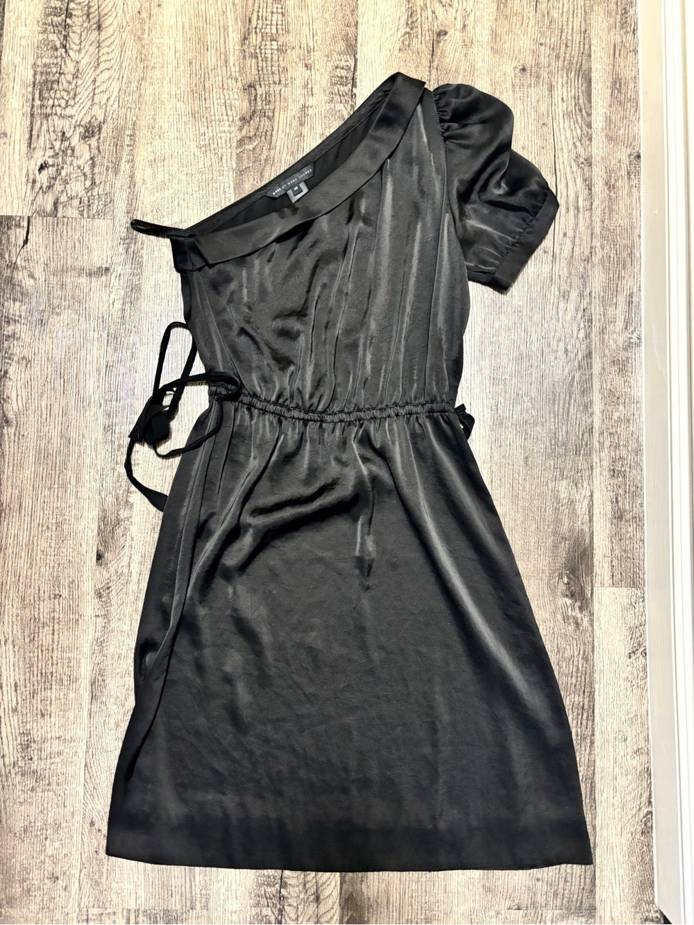 Marc By Marc Jacobs Black One-Shoulder Satin Dress with Puff Sleeve
